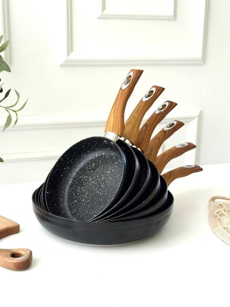 طقم قلايات جرانيت اسود مط يد خشب 6 قطع