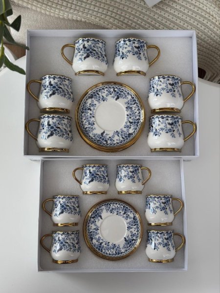 طقم فناجين مورد مذهب 6+6 العصفور الازرق