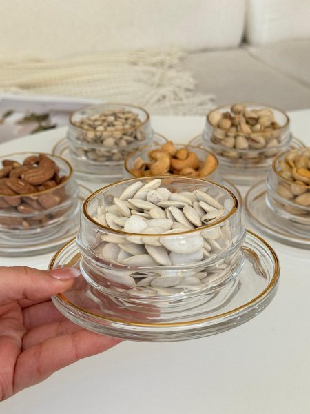 طقم صحون مكسرات + صحون سفح 6+6 شفاف حز ذهبي