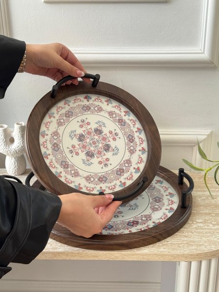 طقم صواني مدور مغربي وجه زجاج قطعتين(30+35سم)