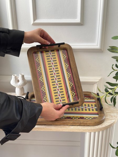 طقم صواني مستطيل مغربي وجه زجاج قطعتين(24*34+30*40سم)