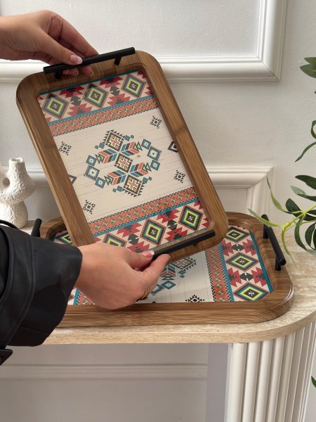 طقم صواني مستطيل مغربي وجه زجاج قطعتين(24*34+30*40سم)