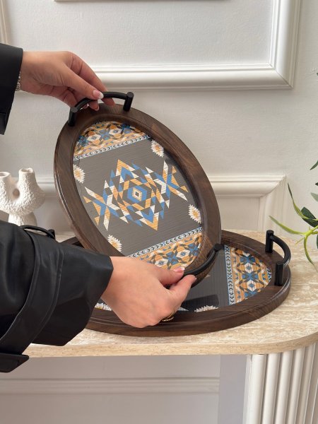 طقم صواني بيضاوي مغربي وجه زجاج قطعتين(24*34+30*40سم)