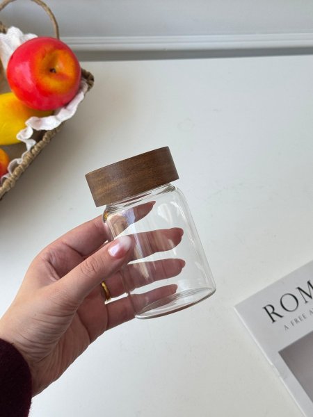 مرتبان زجاج غطا خشب لف (11*6.5سم)