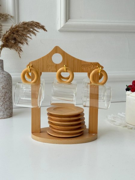 طقم 6 فناجين قهوه + 6 صحون + ستاند بامبو (22*23سم)