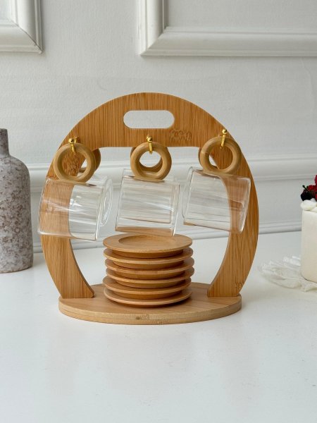 طقم 6 فناجين قهوه + 6 صحون + ستاند بامبو (23*22سم)